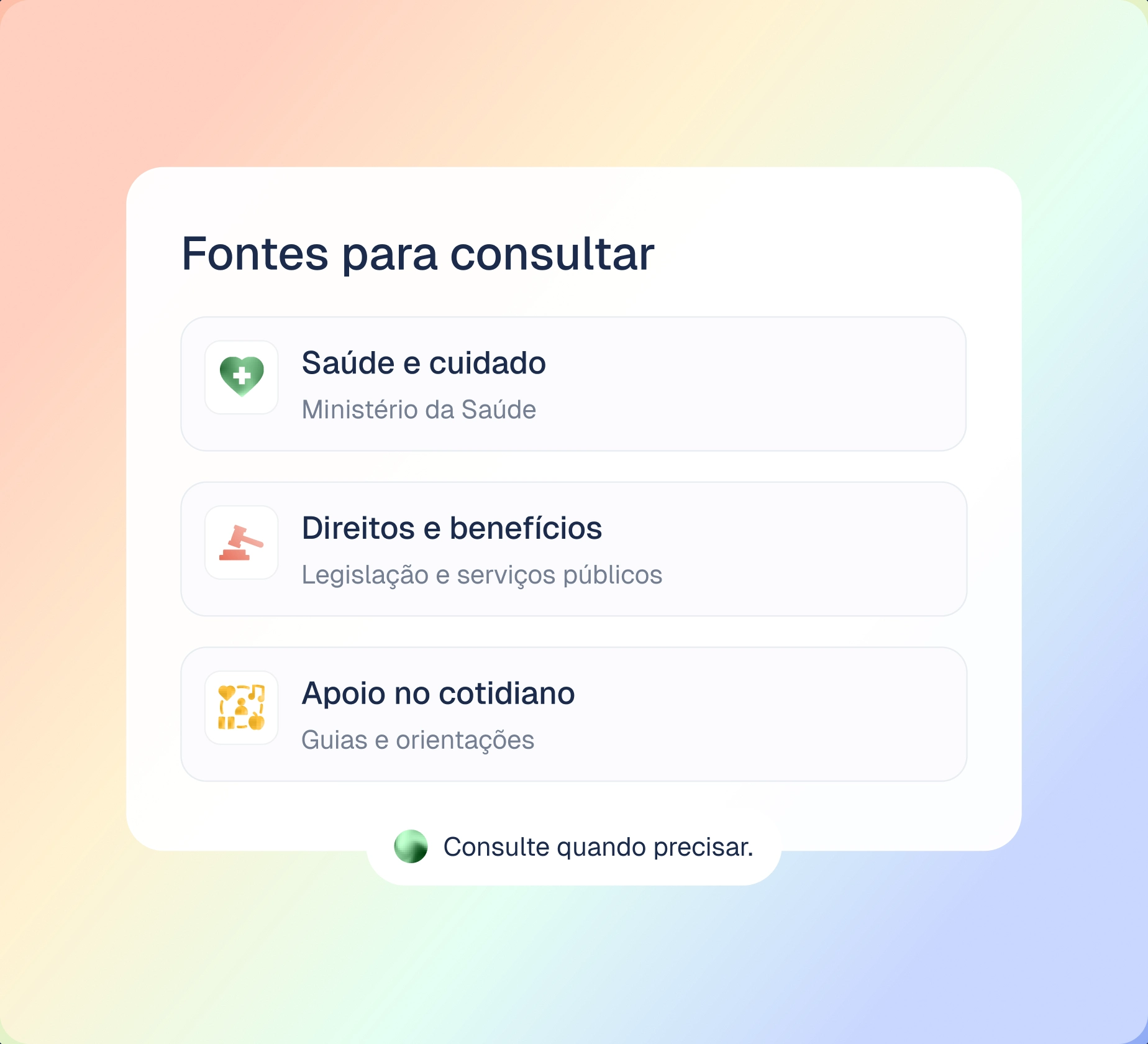 Cartão de referências organizado por saúde, direitos e necessidades sensoriais, sobre o gradiente do projeto.